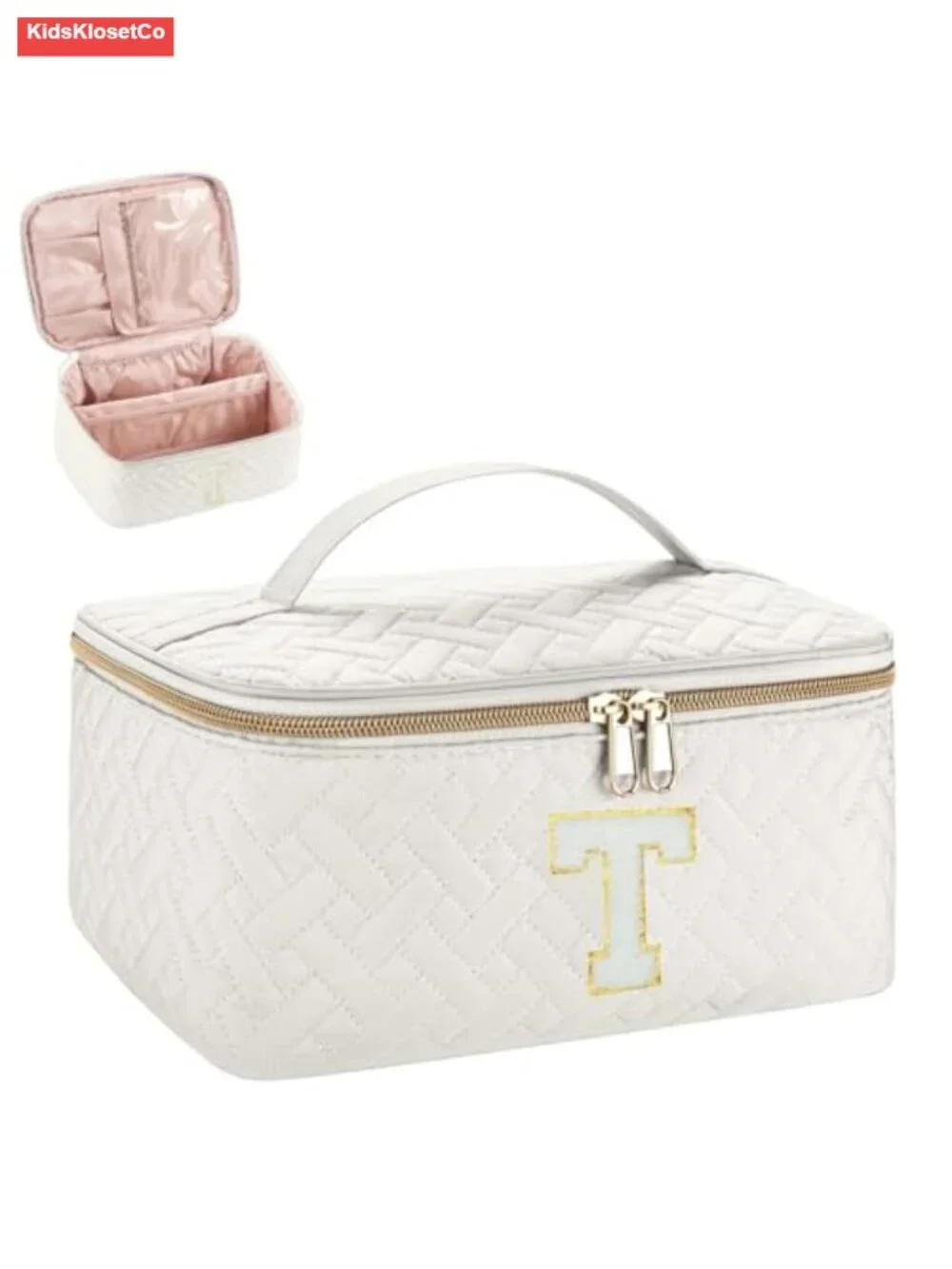 Quilted Personalized Initial Cosmetic Bag with Chenille Letter, Zipper, Handle